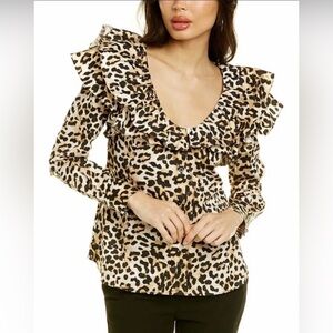 Something Navy Bailey Ruffle Button Down Leopard Print Size Small Long Sleeve